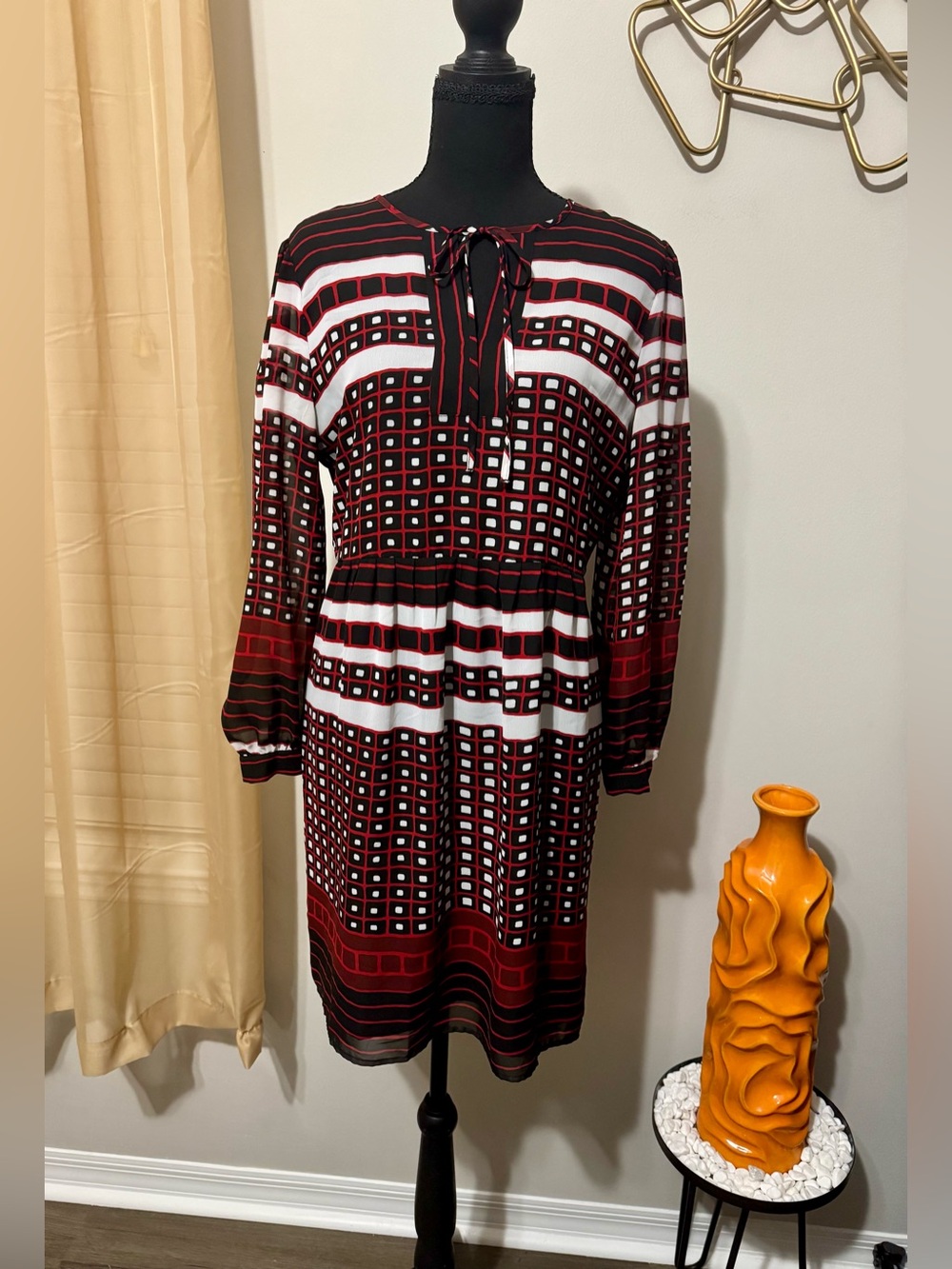 LOFT Red, Black & White Long-Sleeve Tie-Neck Geometric Dress